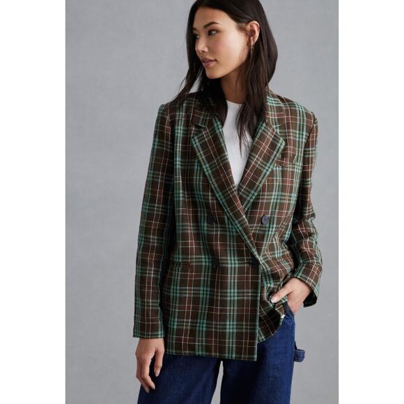 Maeve by Anthropologie Green Plaid Double Breasted Mid Length Oversized Blazer - Picture 2 of 7